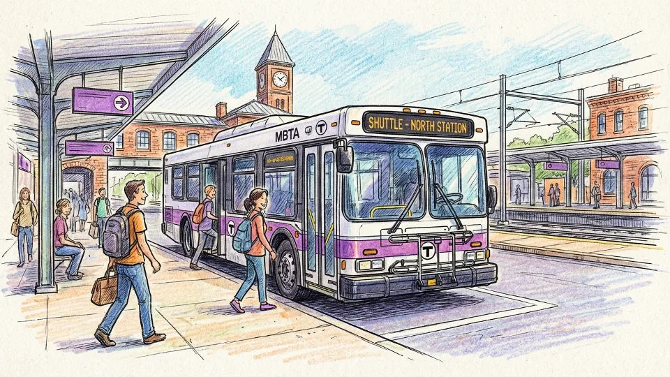 MBTA shuttle bus at commuter rail station with route signage visible