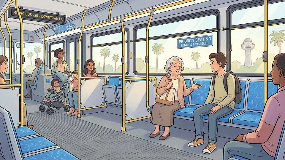 Interior of LA Metro bus showing priority seating area and accessibility features