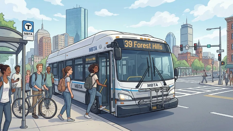 Boston MBTA bus at street stop with city skyline in background during daytime