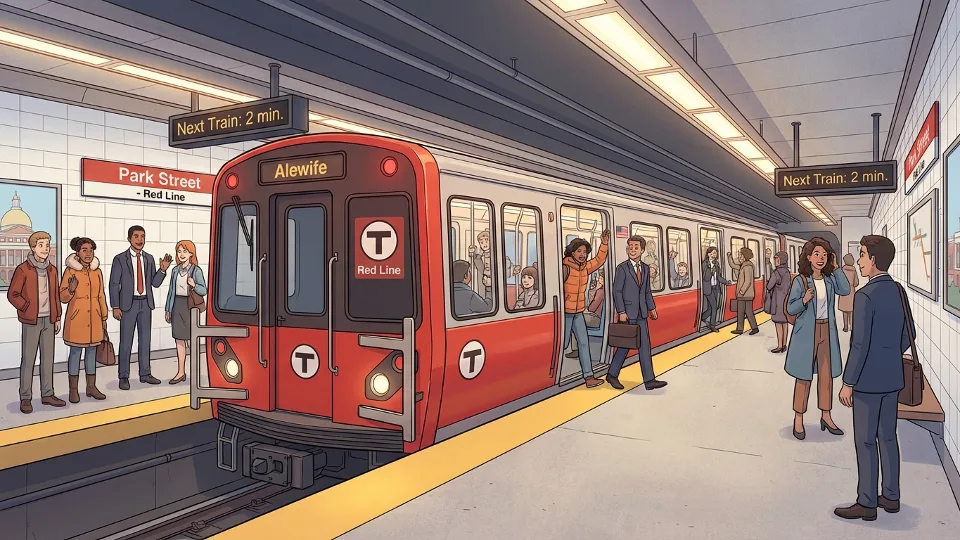 Boston MBTA subway train at downtown station with passengers boarding during busy period
