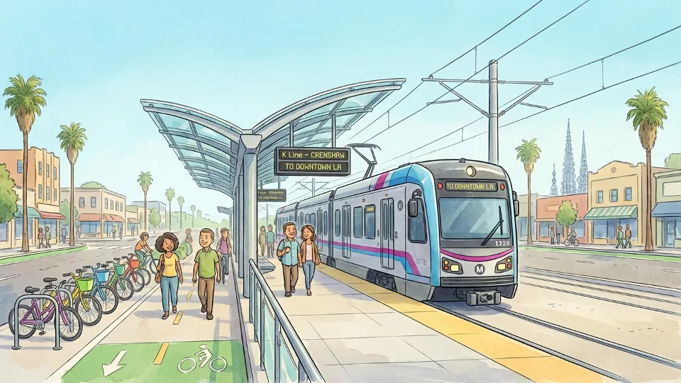Metro K Line train at station platform with pedestrian walkway and bike lane visible in foreground, showing active transportation infrastructure in South Los Angeles