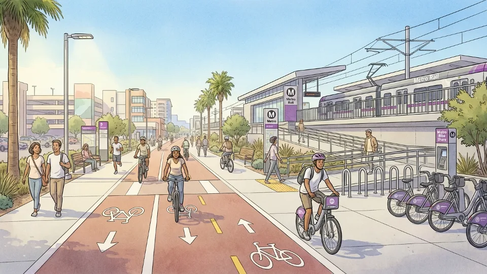 Pedestrians and cyclists using active transportation pathway near Metro rail station in Inglewood, showing multi-modal connectivity infrastructure