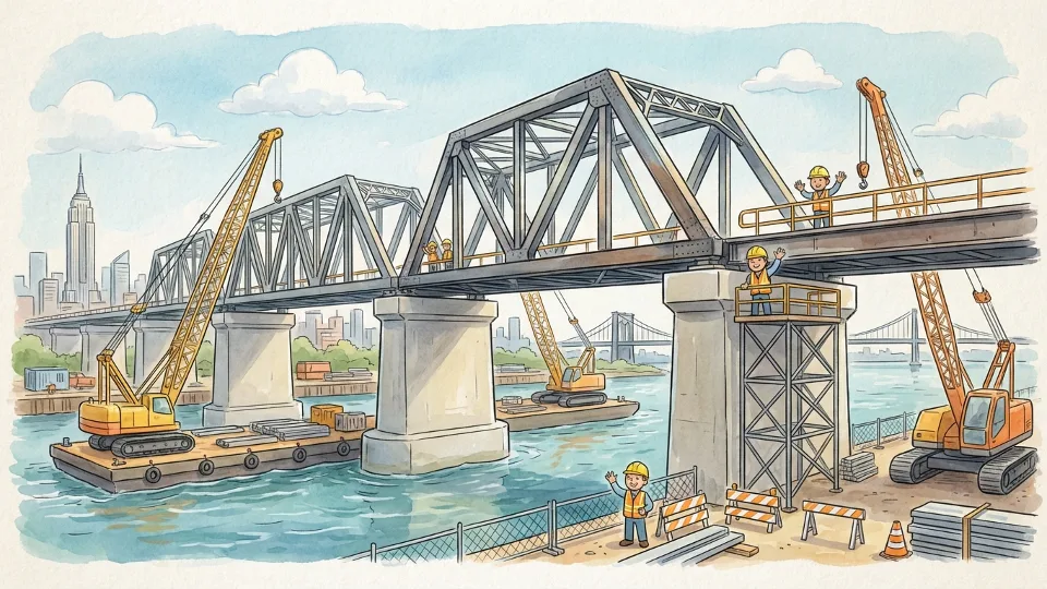 Modern railroad bridge under construction spanning waterway with steel framework and concrete supports, construction equipment visible, daytime