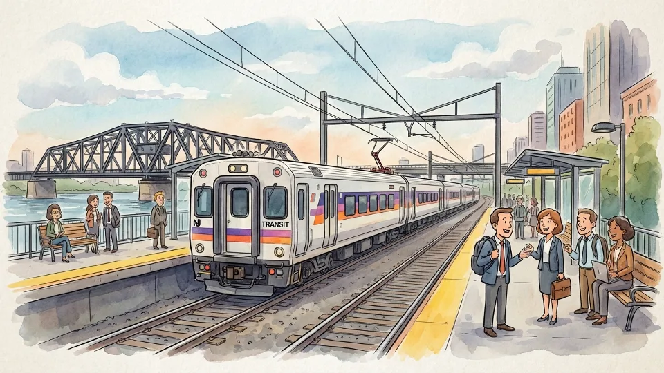 NJ TRANSIT commuter train on tracks with Portal Bridge visible in background, passengers waiting on platform, urban rail setting