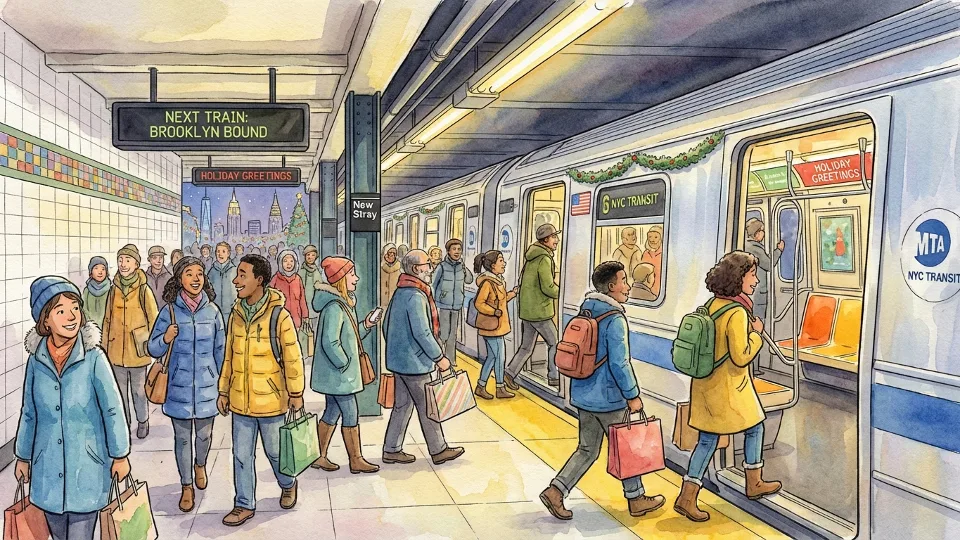 MTA subway train at crowded platform during holiday season with passengers boarding