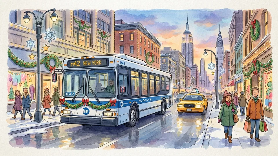 MTA bus on New York City street with holiday decorations visible in background