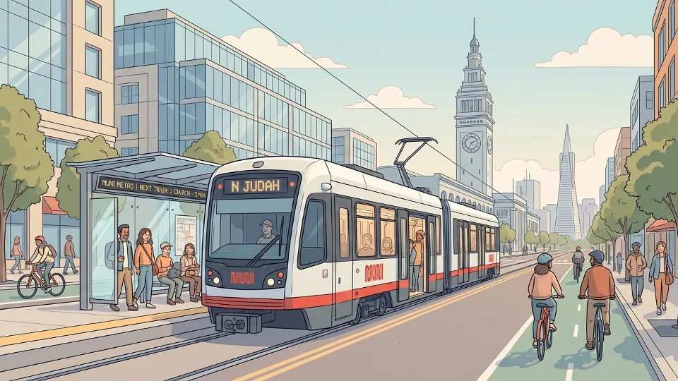 Modern San Francisco Muni light rail vehicle on Market Street with contemporary buildings and infrastructure, showing contrast with historic transit|San Francisco Muni Metro train modern transit Market Street current transportation system|Street-level view of current Muni light rail train with passengers boarding at a modern station platform