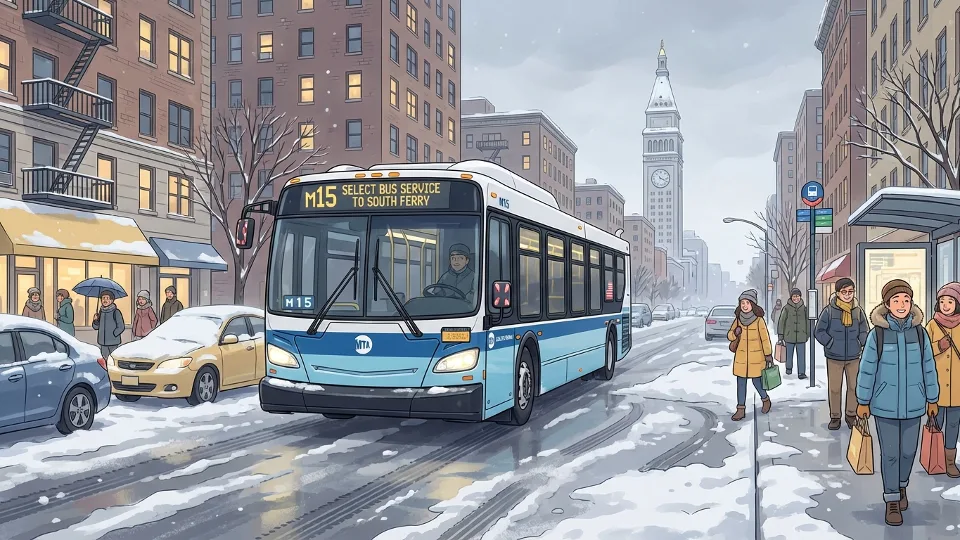 New York City transit bus operating in winter weather conditions on city street