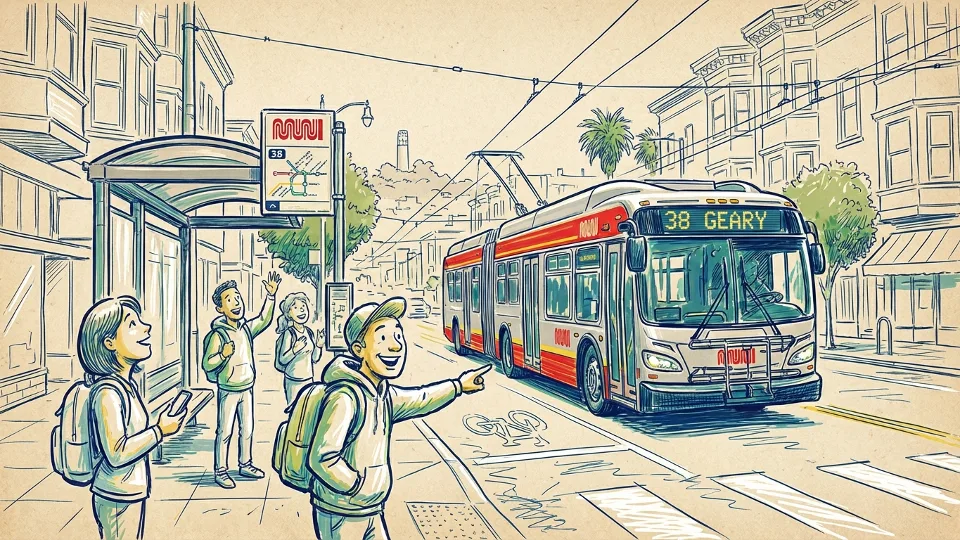 Transit bus bypassing stop on urban street with passengers waiting
