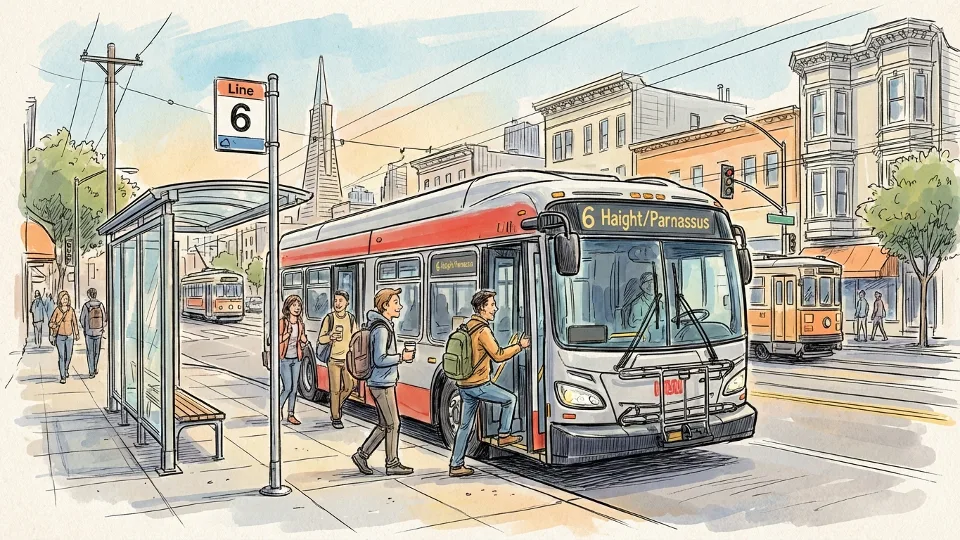 Line 6 bus at urban stop in San Francisco Bay Area during daytime