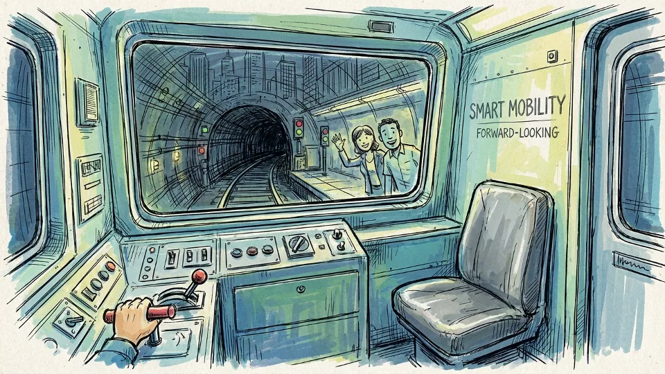 Interior view of New York City subway train operator's cab showing controls and front window
