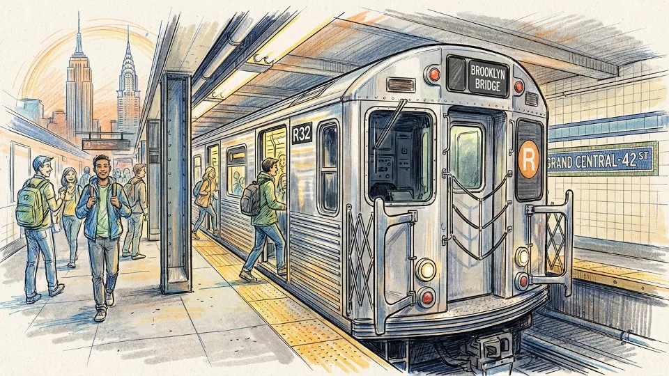 Former MTA subway train at platform in New York City station with operator's cab visible