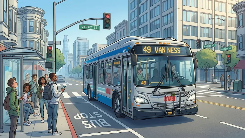 San Francisco Bay Area transit bus approaching stop with route number display and urban backdrop showing downtown buildings