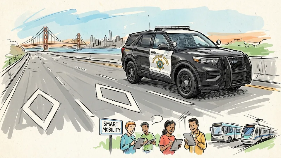 California Highway Patrol vehicle on Bay Area freeway shoulder near carpool lane with diamond pavement markings visible