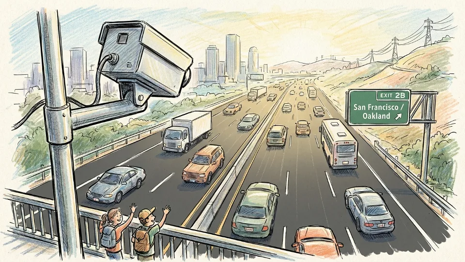 Live traffic camera mounted on freeway overpass showing multiple lanes of Bay Area highway traffic during daytime