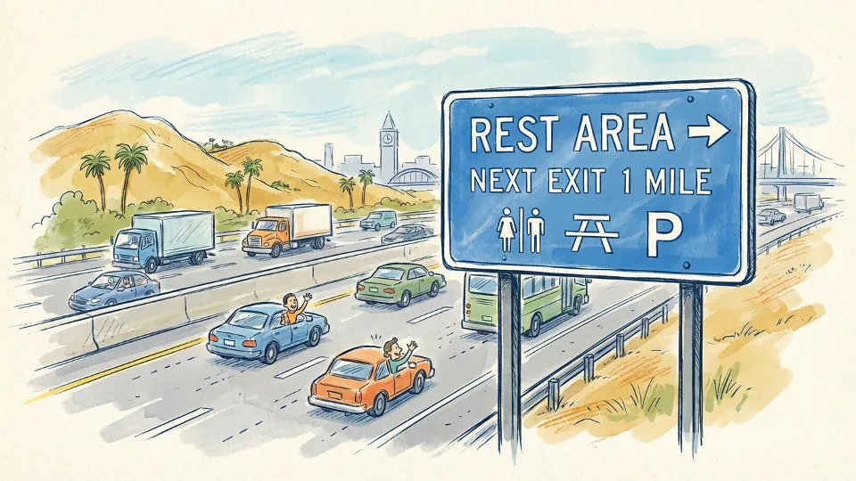 Highway rest area entrance sign on California freeway with vehicles passing