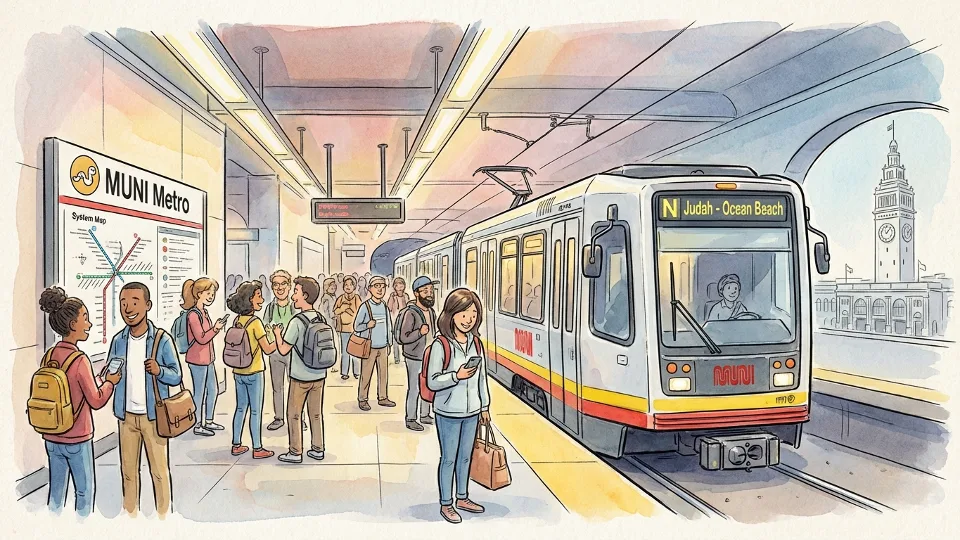 Muni Metro light rail train at San Francisco downtown station platform with passengers waiting