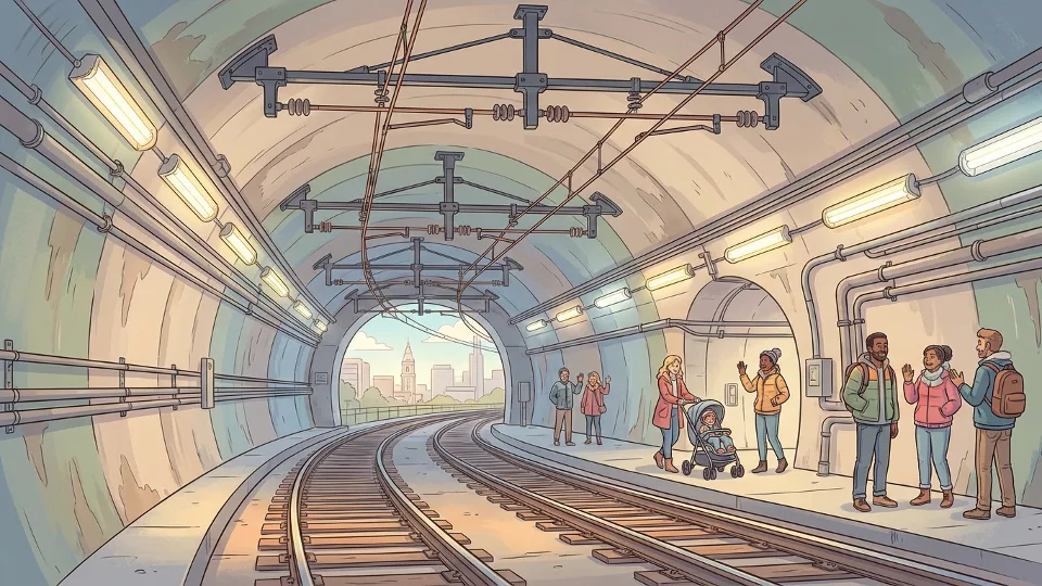 Interior view of SEPTA Center City trolley tunnel showing curved tracks and overhead electrical catenary system, tunnel lighting illuminated, perspective shot down the tunnel corridor emphasizing the underground transit infrastructure