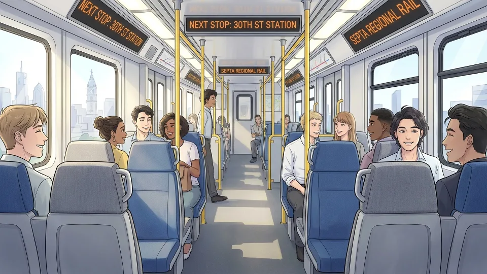 SEPTA regional rail train interior with commuter seating and information displays