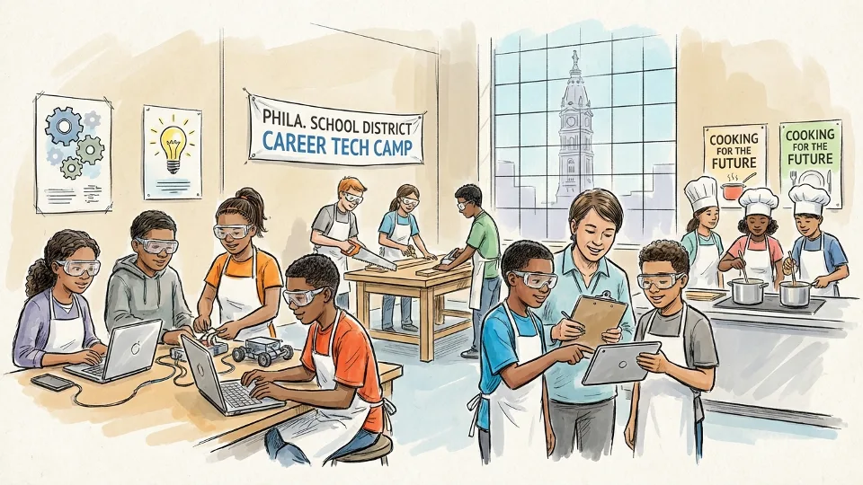 Middle school students participating in hands-on career training activities at Philadelphia school district technical camp