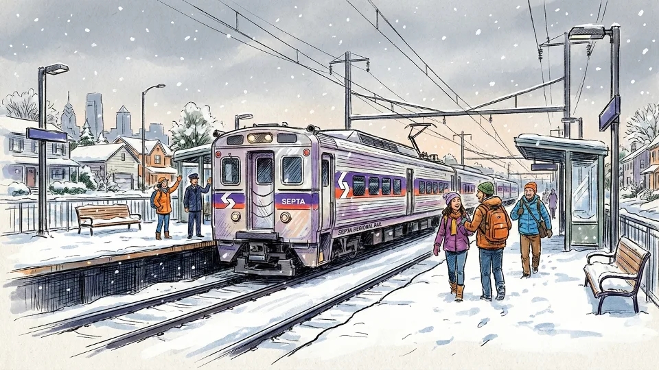 SEPTA Regional Rail train at snow-covered suburban station platform with cleared tracks