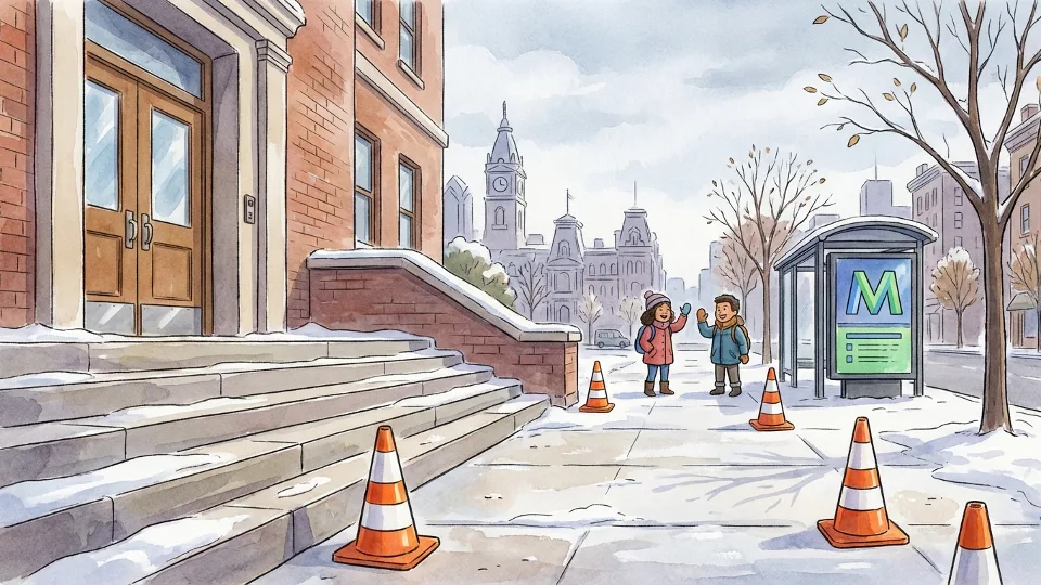 Empty school entrance with snow on steps and walkway, safety cones visible