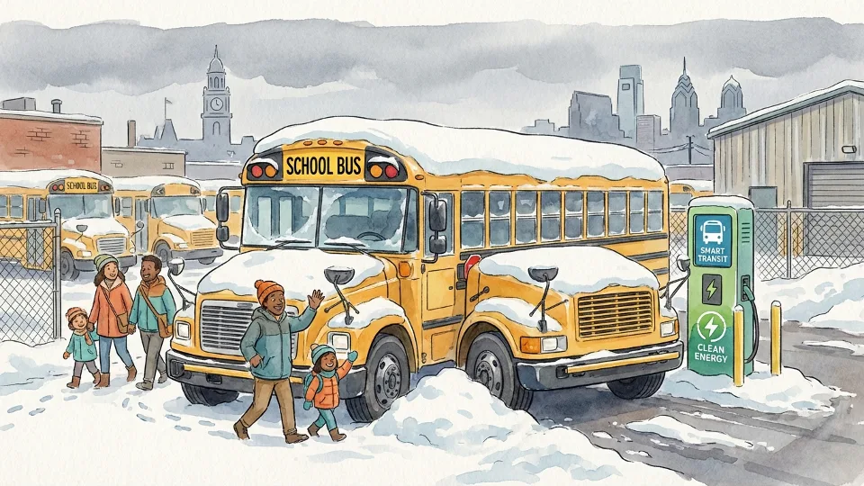 Snow-covered school bus parked at district transportation facility with snow piled along the sides
