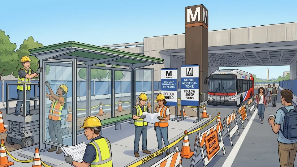 Construction work at metro station bus loop showing shelter installation and temporary service modifications