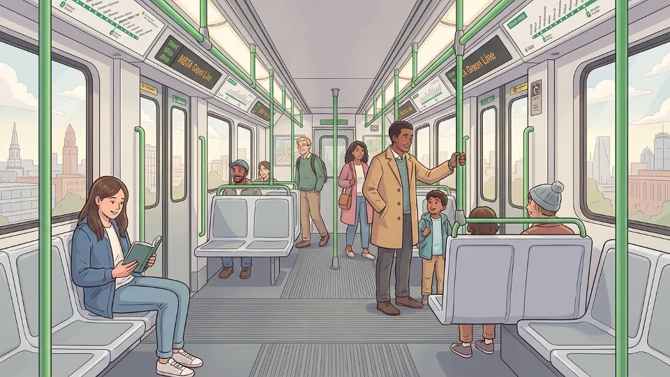 MBTA Green Line train interior showing passenger seating and standing areas