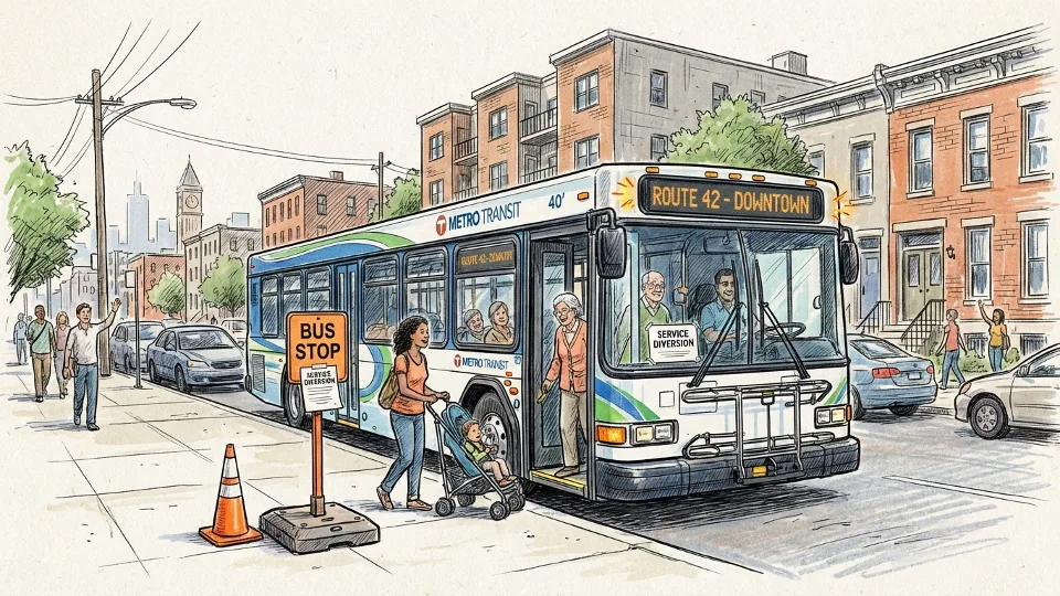 Transit bus at temporary stop during service diversion in urban residential area
