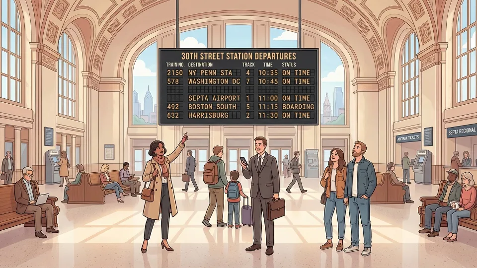 Passengers checking departure board at Philadelphia train station