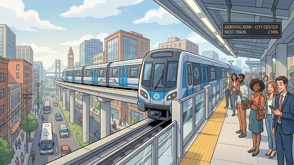 Metro train on elevated tracks in urban North West district with passengers waiting on platform