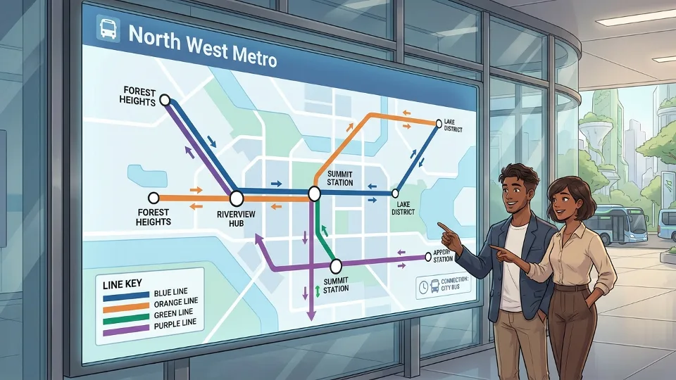 Transit route map display showing North West metro lines with directional arrows and station markers