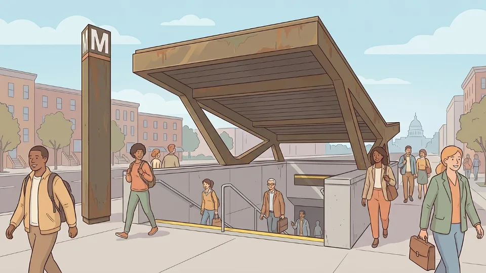 Metro station canopy and entrance stairs with commuters at Washington DC subway station