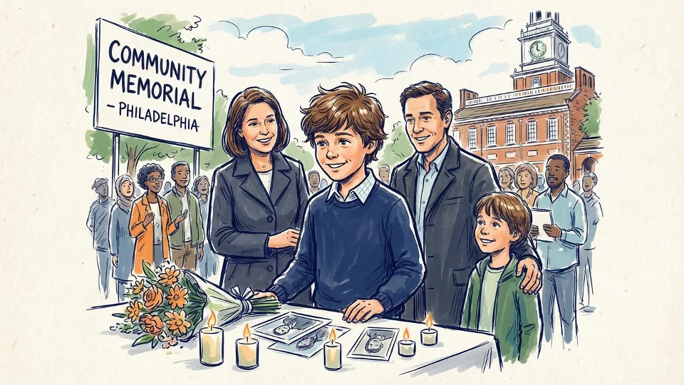 Young boy with family members at community memorial service in Philadelphia