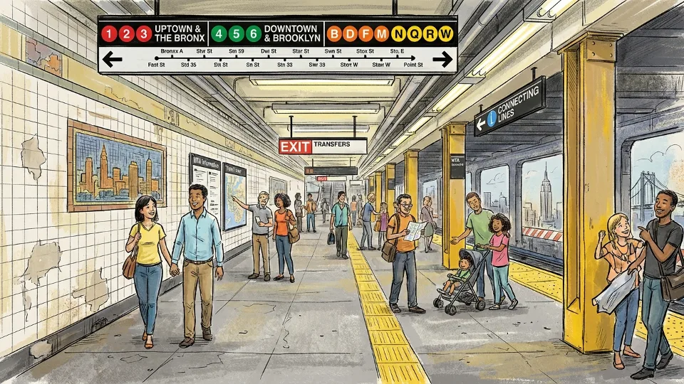 NYC subway platform with directional signage showing multiple station options