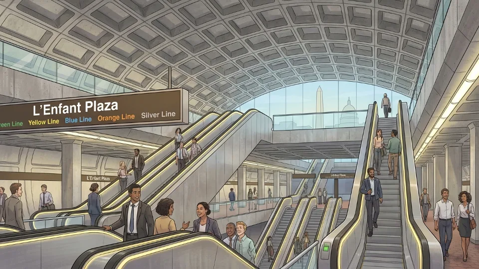 L'Enfant Plaza Metro station interior showing multiple levels and escalator banks with commuters