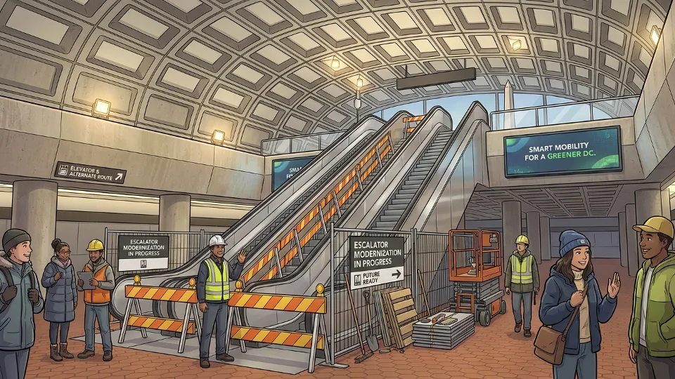 WMATA Metro escalators under construction with safety barriers and signage at underground station entrance