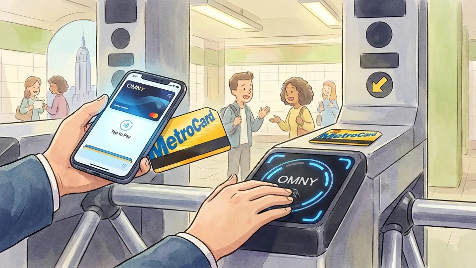 Close-up of commuter's hands holding smartphone with mobile transit payment app and MetroCard at turnstile