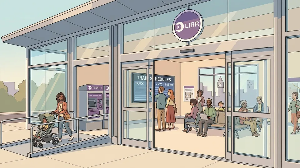 Upgraded station entrance and waiting area at LIRR commuter rail facility