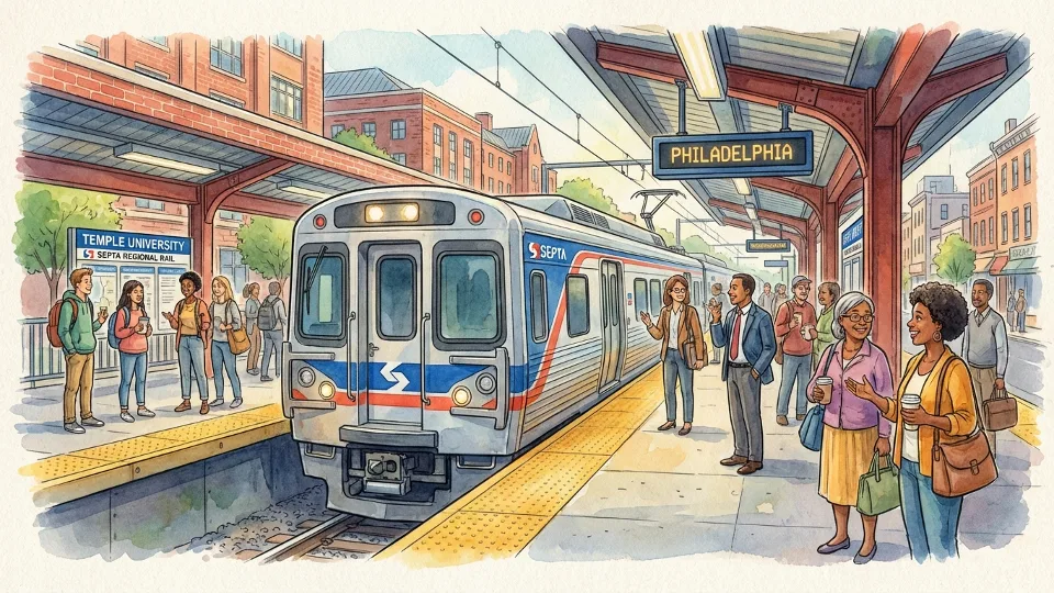 SEPTA Regional Rail train at Temple University station platform with passengers waiting
