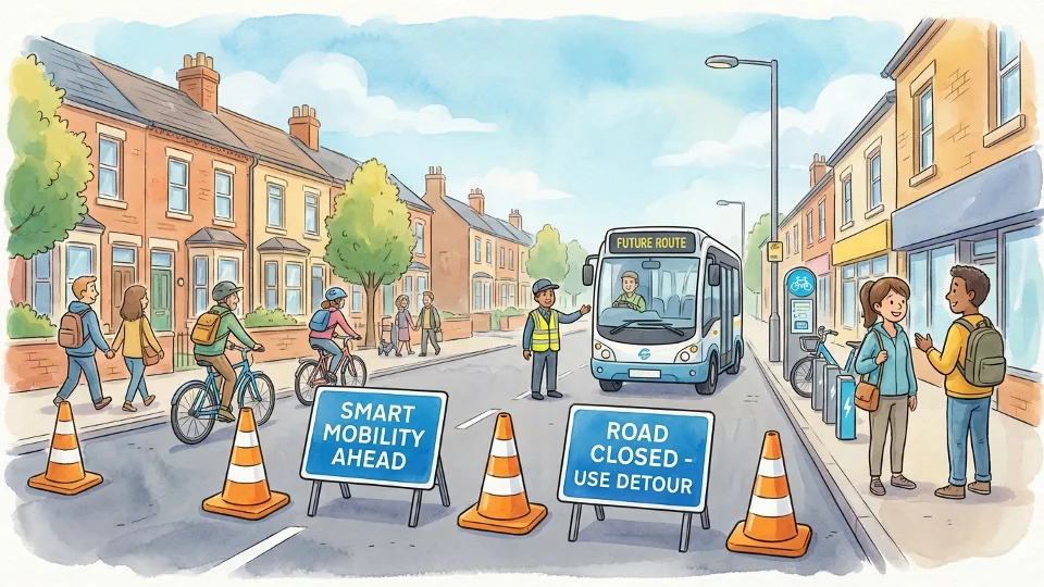 Road closure signs and traffic cones blocking urban street with detour signage visible