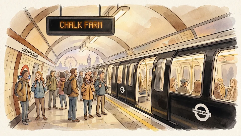 London Underground Northern line train at Leicester Square station platform with passengers waiting, showing destination board displaying Chalk Farm