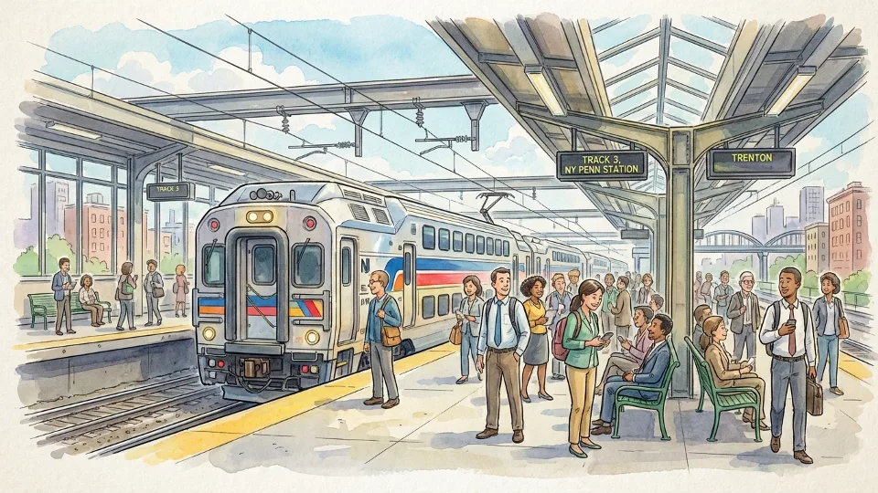 NJ Transit train at Newark Penn Station platform with commuters waiting during daytime