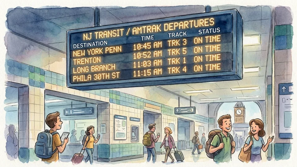 Train departure board showing on-time arrivals at Newark station with platform numbers