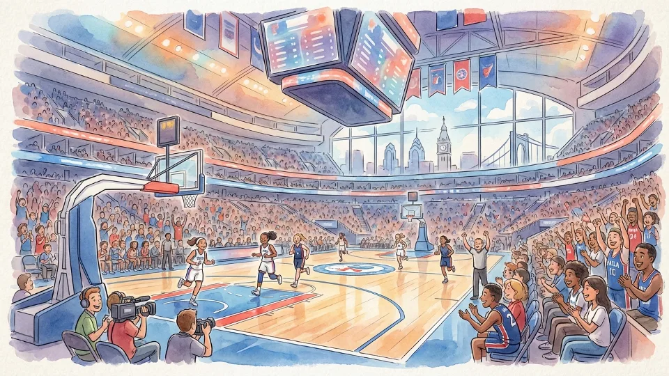 Crowded sports arena with basketball court and packed stands during women's basketball game