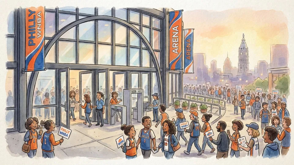 Basketball arena entrance with fans entering venue for professional women's basketball game