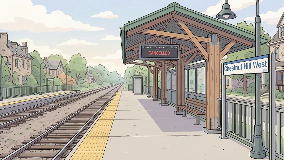 Empty regional rail platform at Chestnut Hill West station with schedule board showing cancelled train