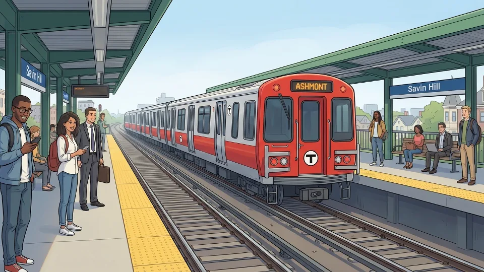 MBTA Red Line train at Savin Hill station platform with passengers waiting