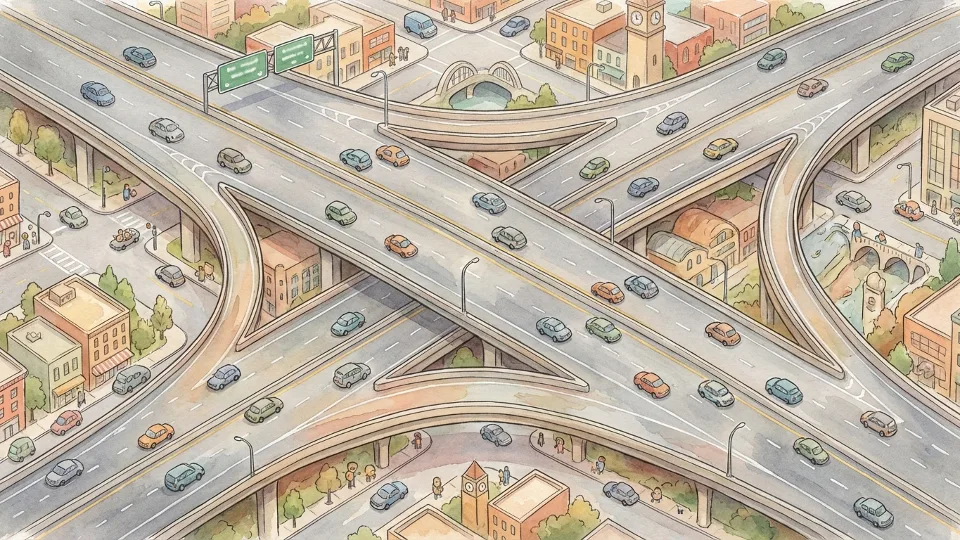Aerial view of I-880 freeway interchange in Oakland with multiple lanes of traffic and connecting ramps to local streets